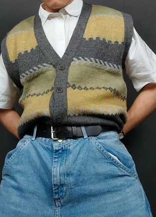 Cardigan / Gilet sans Manches Vintage 80s Maille Gris Jaune Vert Multicolore Motifs Imprimé (M/L), brand: Vintage Dressing, condition: Very good, size: M, €20.00, €21.70 includes Buyer Protection Pro