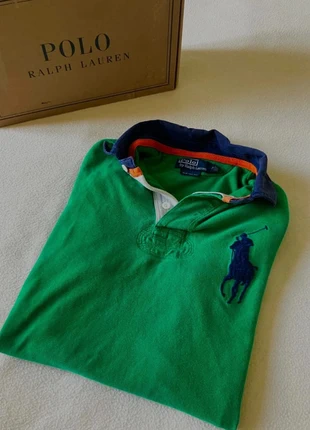 Polo Ralph Lauren vert clair gros logo brodé bleu foncé / marine et détails oranges, brand: Ralph Lauren, condition: Very good, size: M, €15.80, €17.29 includes Buyer Protection