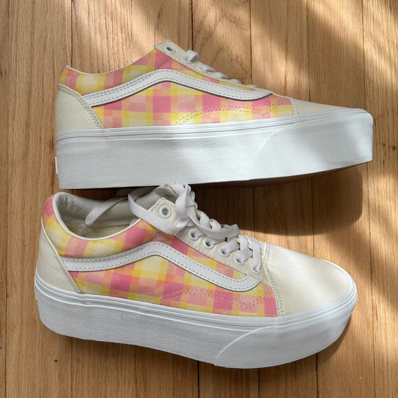 NWOT Vans platform pink yellow plaid women’s size 8 canvas 1