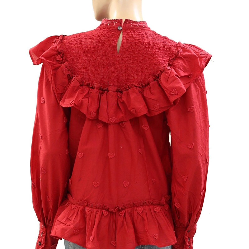 Farm Rio Anthropologie 3D Applique Blouse Top Ruffle Smocked Cotton S New 270972 4