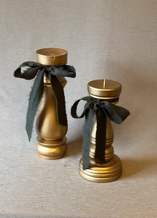 Portavelas navideño madera dorada lazos verde • Christmas candle holders • Bougeoirs Noël, marca: Zara Home, estado: Nuevo sin etiquetas, 29,99 €, 32,19 € Protección al comprador incluida