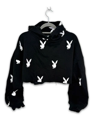 Y2K Playboy Black & White Monogram Detail Cropped Hoodie, brand: Playboy, condition: Very good, size: S / UK 8-10, £15.00, £16.45 includes Buyer Protection
