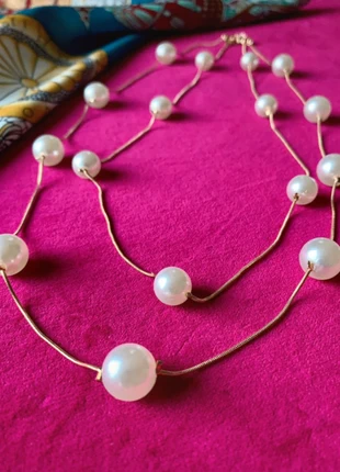 Sautoir Style Haute Couture Perles Nacrées Fantaisie Chaîne Dorée 2 Rangées - Collier 60cm, état: Très bon état, 10,00 €, 11,20 € Protection acheteurs incluse