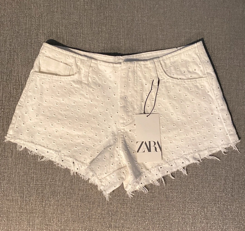 Zara Openwork Embroidery White Denim Shorts 1