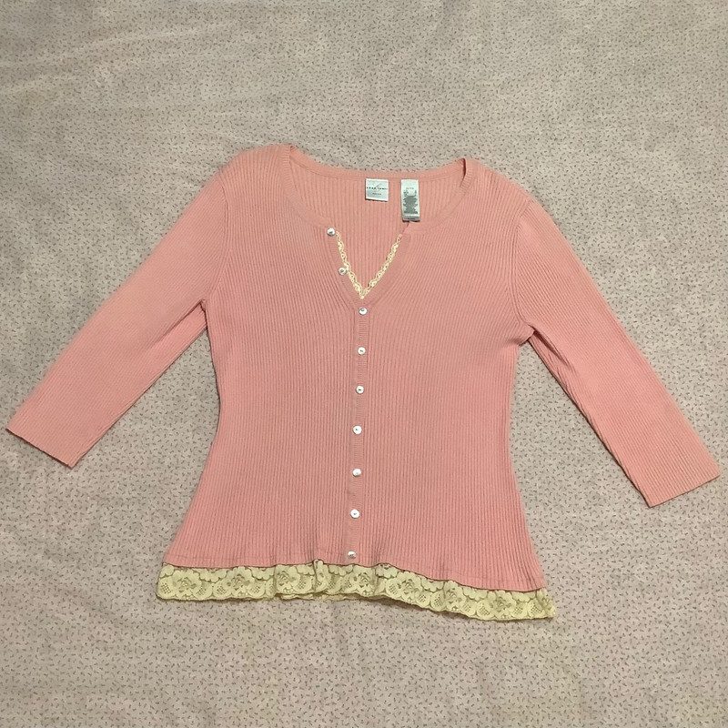 Emma James Y2K Preppy Academic Coquette Ribbed Lace Trim 3/4 Sleeve Blouse Large 2
