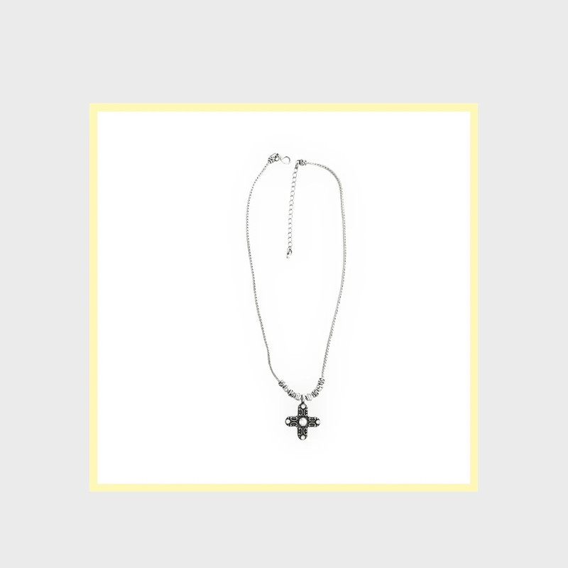 Ornate Greek Silver Tone Cross Rhinestone Necklace 1