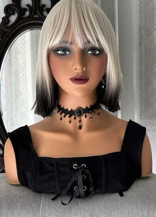 Perruque parruca wig perrücke courte bob noire blanche avec frange Halloween sorcière witch, marca: givenza, estado: Muy bueno, 17,00 €, 18,55 € Protección al comprador Pro incluida