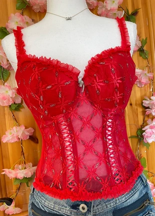 Red Sheer Corset Top | Floral Embroidery | Ruffle Trim | Size 40/90D | 246., brand: sexy, condition: Very good, size: M / 38 / 10, €18.50, €20.13 includes Buyer Protection