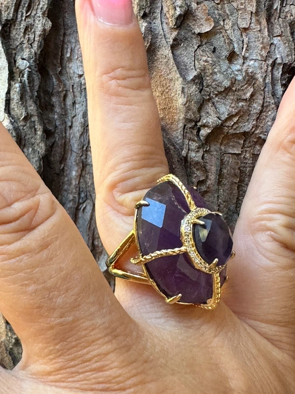 Grosse bague habaha Paris tout en améthyste série de zircons acier inoxydable or - photo numéro 2