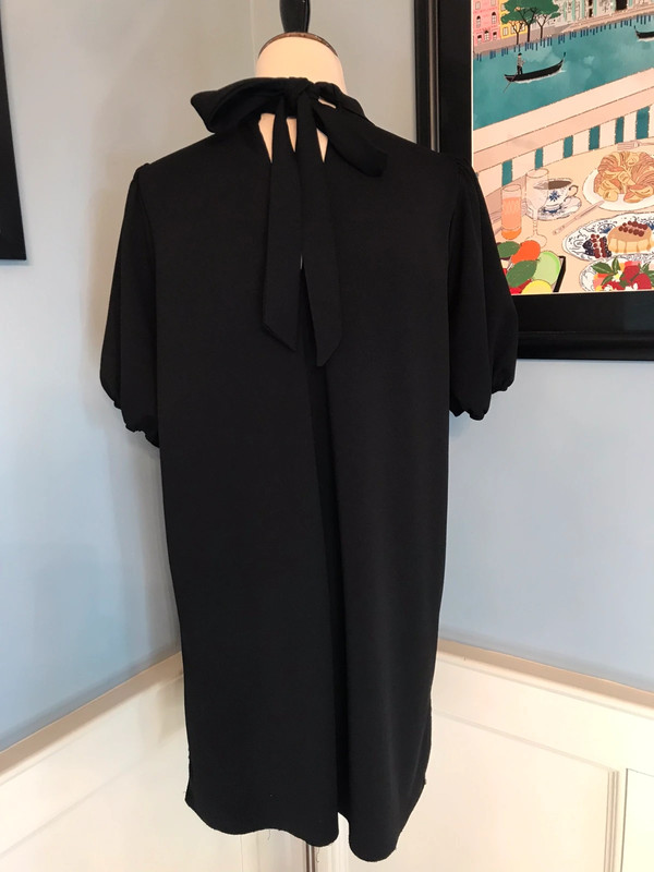 Black Short Sleeve Knee-Length A-Line Shift Dress with High Neck and Bow Detail Sz L 4