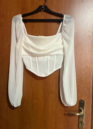 🤍 White Corset Top with Sheer Long Sleeves – Romantic & Chic, marke: Shein, zustand: Neu, größe: S / 36 / 8, 13,00 €, 14,35 € inklusive Vinted-Käuferschutz
