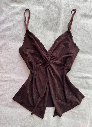 Débardeur marron pailletée moulant ouvert sur le ventre satinée sexy élégant soirée, marca: y2k, estado: Muito bom, tamanho: S / 36 / 8, €20.00, €21.70 inclui Proteção do Comprador