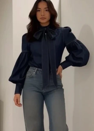 Blouse bleu marine chic à nœud XXL et manches ballon, élégante et structurée. taille M, brand: Shorty, condition: Very good, size: M / 38 / 10, €64.90, €68.85 includes Buyer Protection