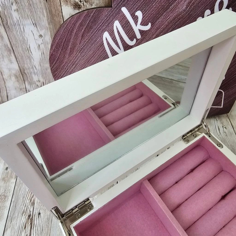 White Wooden Jewelry Box with Pink Lining and Mirror 5