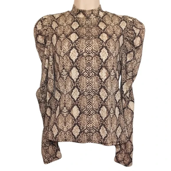 Wild Love Snakeskin Reptile Animal Print Long Sleeve Stretchy Brown Cream Top S 1