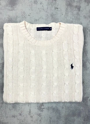 Pull torsadé col rond Ralph Lauren blanc crème taille M logo brodé bleu marine, marque: Ralph Lauren, état: Très bon état, taille: M / 38 / 10, 50,00 €, 53,20 € Protection acheteurs (Pro) incluse