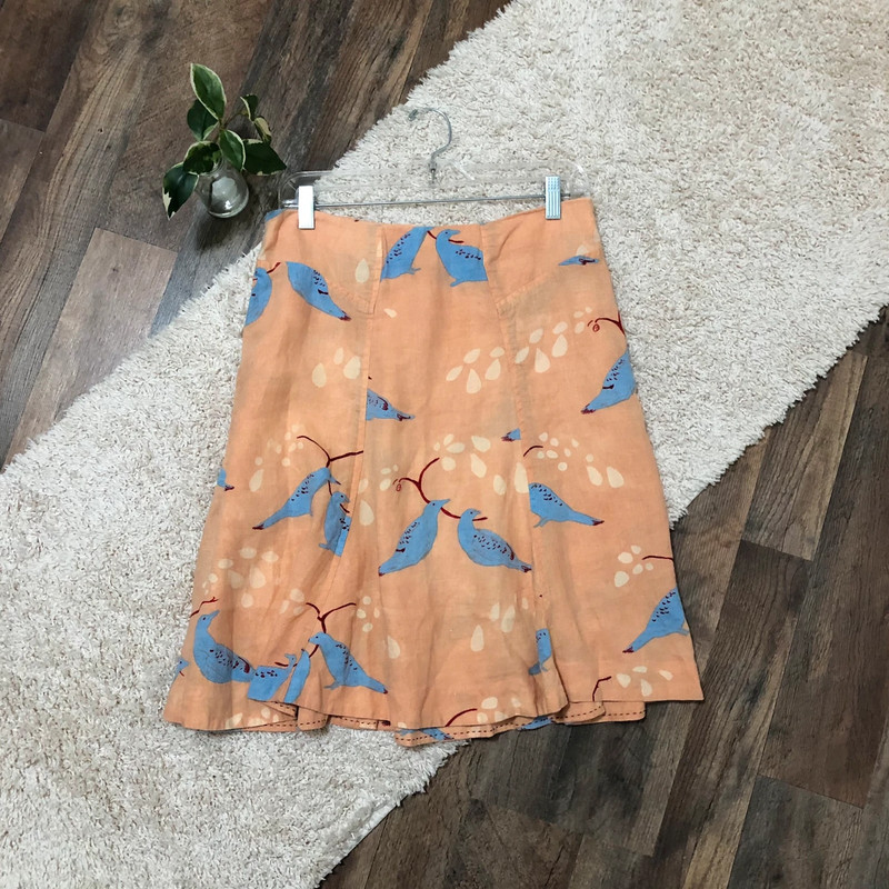 Anthropologie Meadow Rue Size 4 Orange Blue Bird Pattern Linen Knee Length Skirt 1