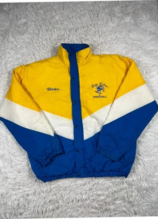 Bomber américain jaune blanc et bleu vintage Basketball avec petit zèbre brodé | Taille : XL, merk: Holloway, staat: Heel goed, maat: XL, € 27,90, € 30,00 inclusief Kopersbescherming