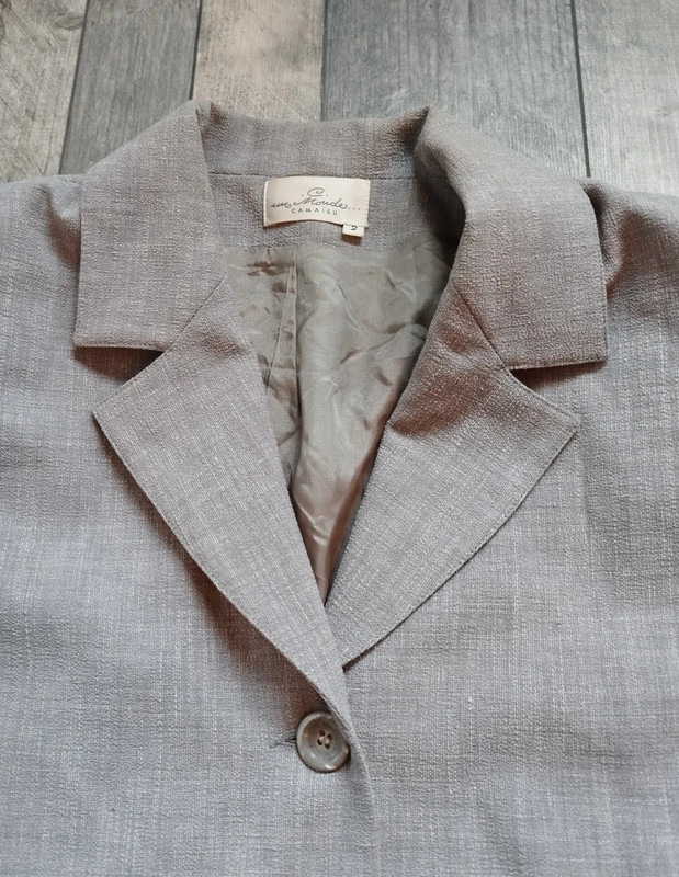 Veste de tailleur longue Camaïeu 42 XL gris vintage rétro lin longue ceintrée 5