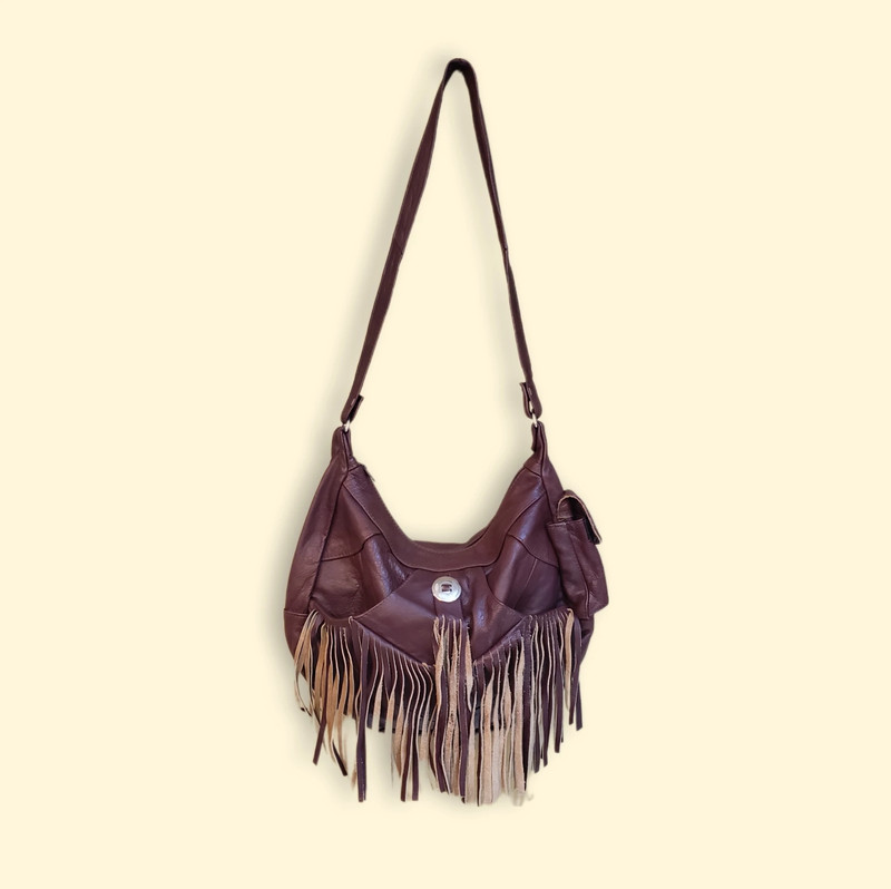 Western Boho Brown Leather Fringe Crossbody Bag Concho 1