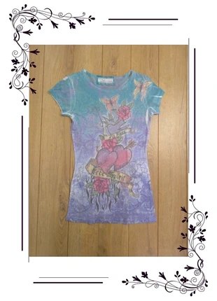 T-shirt femme Vintage Havana "Free Spirit" papillon cœur et roses 💜 (taille XS/S), estado: Muito bom, tamanho: XS / 34 / 6, €15.00, €16.45 inclui Proteção do Comprador