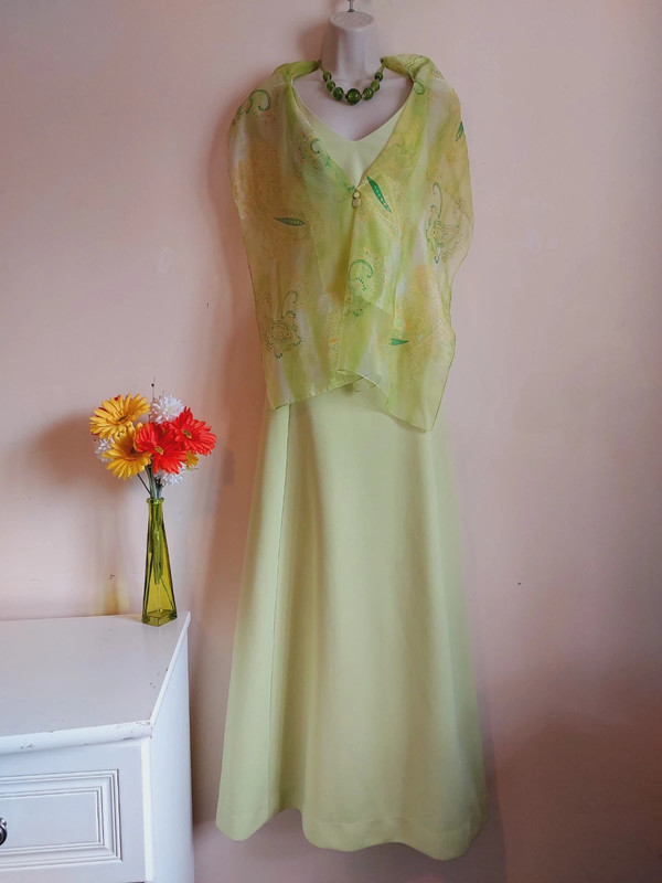 70s Lime Green Paisley Maxi Dress Size 14 Lerose Retro Evening Dress and  Shawl