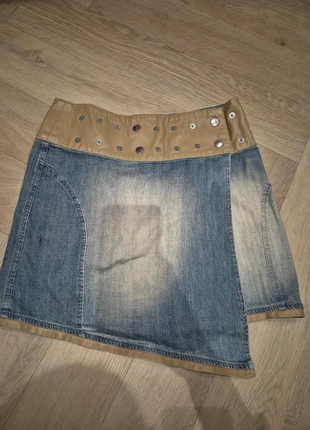 Vintage y2k denim micro mini skirt with a faux leather waistband and metal button details, brand: Reclaimed Vintage, condition: New without tags, size: XS / UK 4-6, £15.00, £16.45 includes Buyer Protection