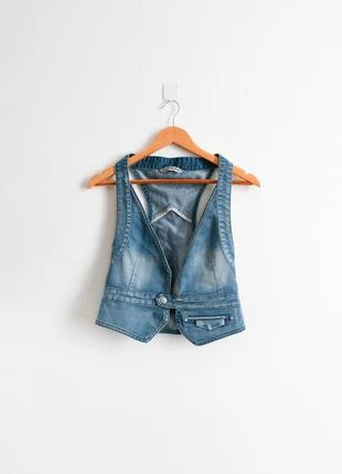 Denim waistcoat | Gilet en jean avec strass, marque: Vintage, état: Très bon état, taille: XS / 34 / 6, 14,00 €, 15,40 € Protection acheteurs (Pro) incluse