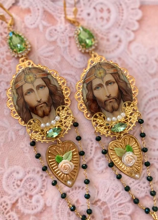 Boucles d'oreilles de créateur, bijoux religieux pierre labradorite ex-voto sacré coeur, condition: Very good, €89.00, €94.15 includes Buyer Protection Pro