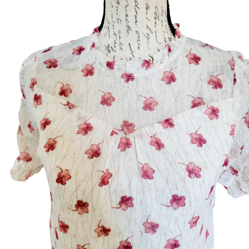 Monteau Los Angeles Small White Gold Red Floral Ruffle Blouse Top 2