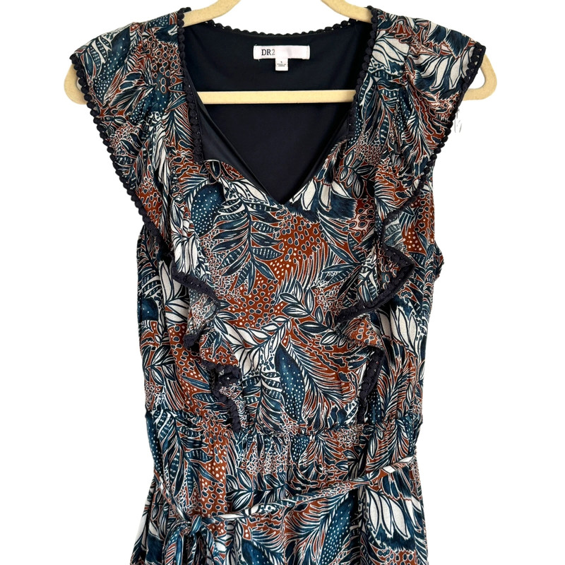 DR2 Floral Belted Mini Boho Dress Navy Blue Women's Small 2