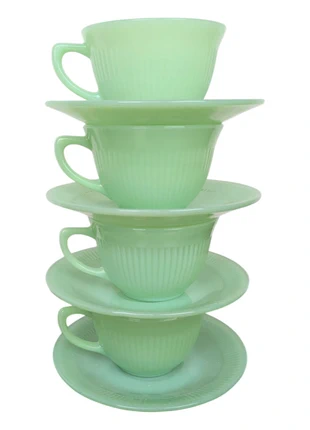 Lot 4 tasses & sous-tasses Jane Ray Jadeite Fire King – Vert vaisselle vintage authentique, marca: Fire King Vintage, estado: Nuevo sin etiquetas, 60,00 €, 63,70 € Protección al comprador incluida