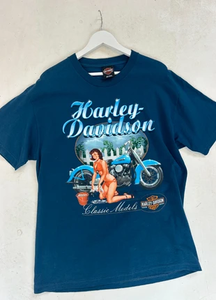 Blauwe Harley Davidson T-shirt met print, merk: Harley Davidson, staat: Heel goed, maat: L, € 35,00, € 37,45 inclusief Kopersbescherming Pro