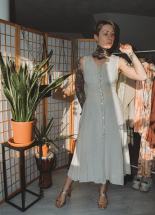 Linen Midi Dress, marca: Vintage, estado: Muito bom, tamanho: L / 40 / 12, €49.00, €52.15 inclui Proteção do Comprador