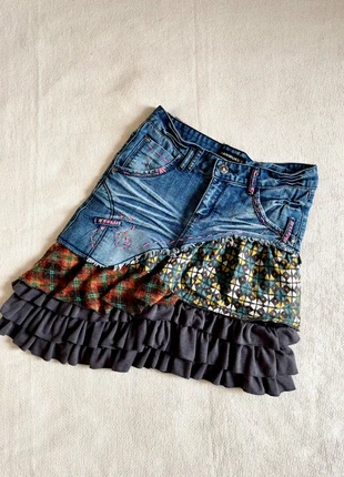 Jupe en jean plissée patchwork volants coloré y2k, brand: Vintage Dressing, condition: Very good, size: S / 36 / 8, €16.00, €17.50 includes Buyer Protection Pro