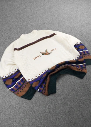 Pull Rare Vintage 80s en Maille Crème / Multicolores Motifs Imprimés et Brodé "Canard / Chasse" (XL), marke: Vintage Dressing, zustand: Sehr gut, größe: XL, 32,00 €, 34,30 € beinhaltet Vinted-Käuferschutz Pro
