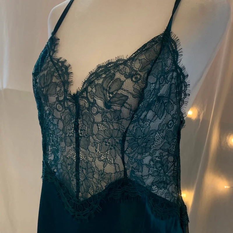 Victoria's Secret Sexy Lace Dark Green Satin Slip Dress 2