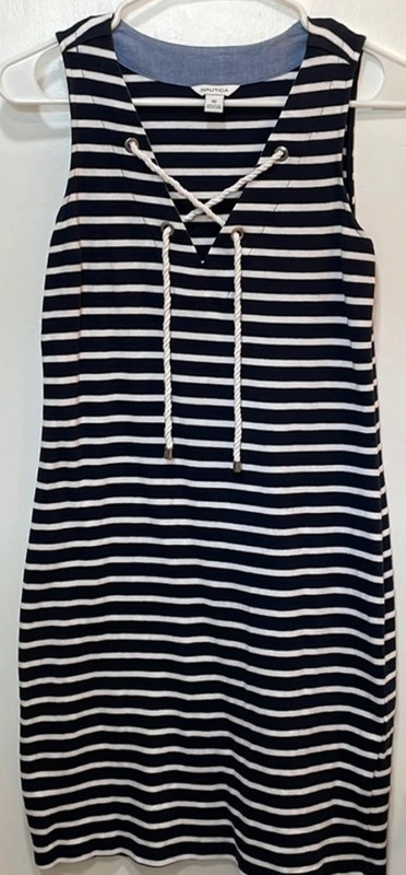 Nautica Navy Blue & White Striped Sleeveless Above the Knee V-Neck Dress Size XS 3