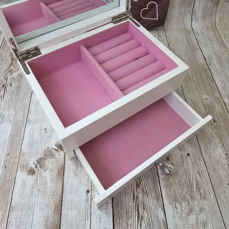 White Wooden Jewelry Box with Pink Lining and Mirror 2