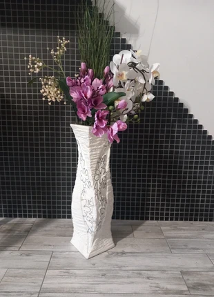 Vaso decorativo bianco con incisioni floreali glitterati– senza fiori, marca: Bianco, estado: Muy bueno, 10,00 €, 11,20 € Protección al comprador incluida