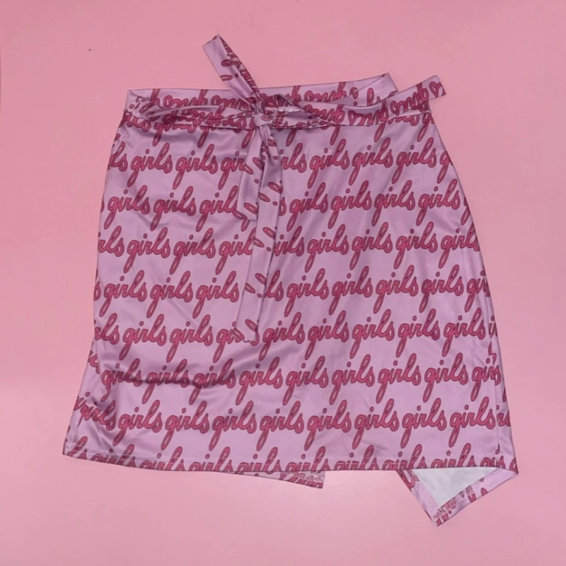 SHEIN “girls” Allover Letter Print Asymmetrical Hem Waist Tie Skirt 2