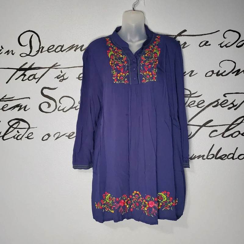 Long Sleeved Indigo Embroidered Floral Tunic - Mini Dress from YLS Lili 1