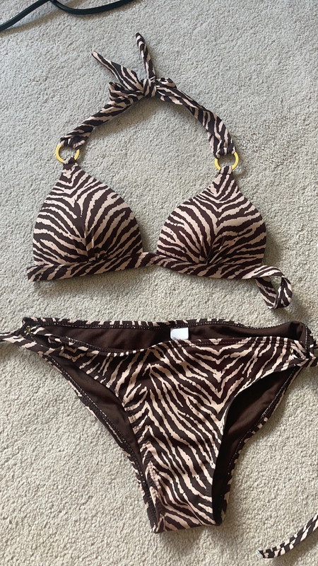 Brown/nude zebra print bikini with gold detailing  1