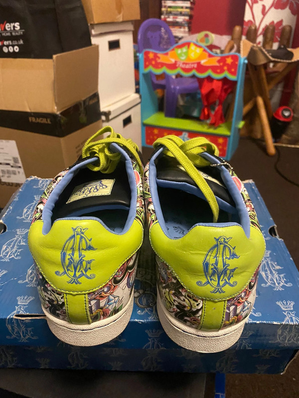 Discontinued Christian Audigier Skull Rose Print Leather Green Sneaker Trainers