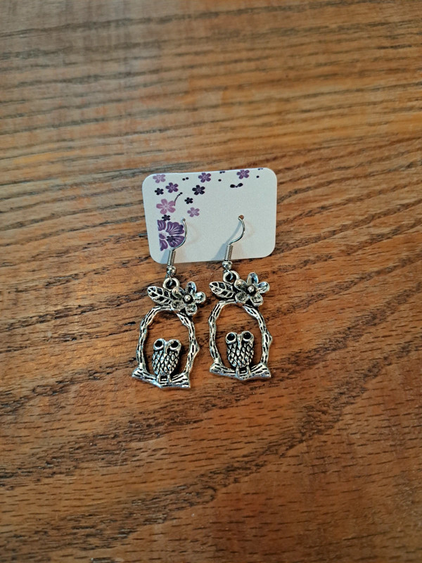 silver owl on perch charm earrings 2