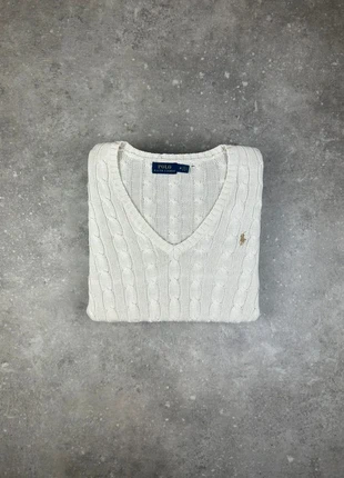 Pull Torsadé Col V Ralph Lauren Taille M Femme Blanc Logo Brodé Doré Coton, brand: Ralph Lauren, condition: Very good, size: M / 38 / 10, €55.30, €58.77 includes Buyer Protection Pro