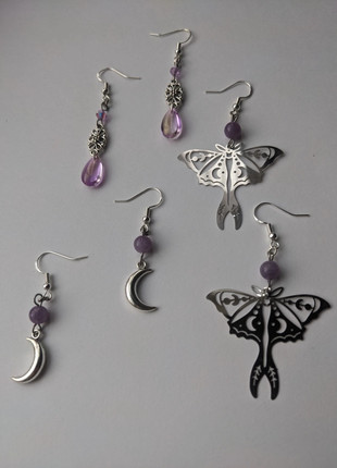 Amethyst Fairy Earrings Set - 925 Silver Hooks & Stainless Steel - Moth, Moon, Flower, condition: New with tags, £12.00, £13.30 includes Buyer Protection