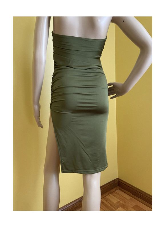 Olive green bodycon ruched strapless tube dress 2