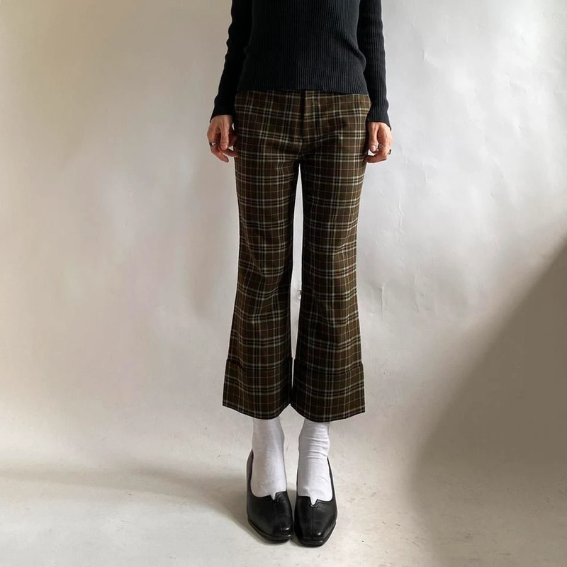 Vintažinės ( vintage brown/khaki checkered flared pants/trousers) languotos kelnės 3