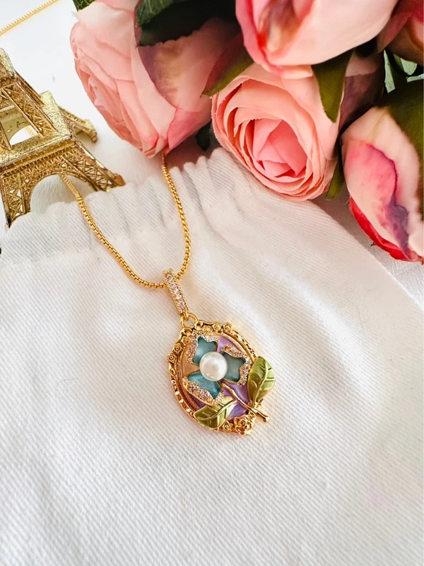 🌷Collier pendentif fleur en émail, vraie perle naturelle – Pièce unique, fait main, rare - photo numéro 5